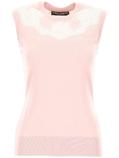 Dolce & Gabbana Top With Lace Inserts In White,pink