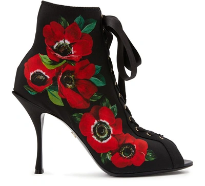 Dolce & Gabbana Black 90 Floral Print Lace-up Stretch Jersey Ankle Boots