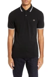 Fred Perry Twin Tipped Extra Slim Fit Pique Polo In Black/ Snow White/ Silver Pink