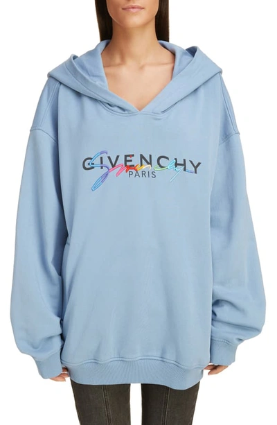 Givenchy Oversized Printed Embroidered Cotton-jersey Hoodie In Light Blue