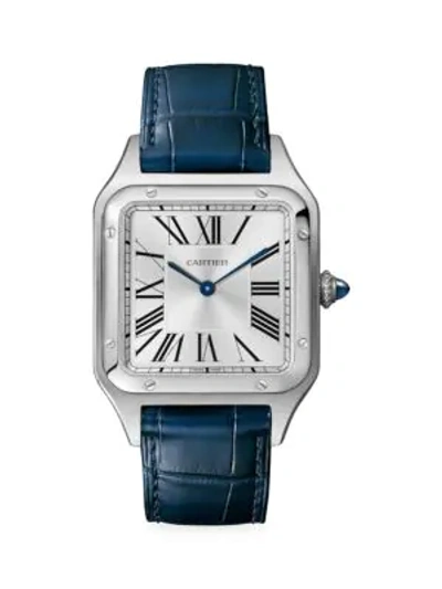 Cartier Santos Dumont De  Large Stainless Steel & Navy Alligator-strap Watch In Silver