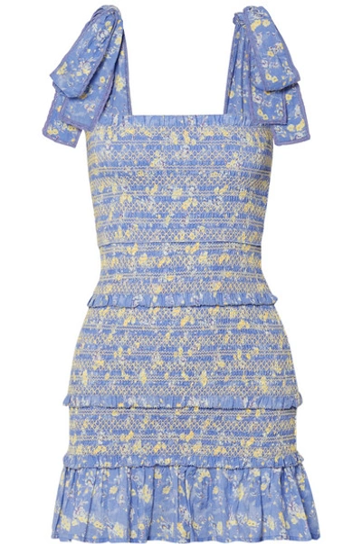 Loveshackfancy Belle Shirred Floral-print Cotton-voile Mini Dress In Blue