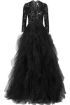 OSCAR DE LA RENTA Corded lace and ruffled tulle gown