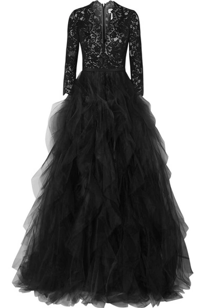 Oscar De La Renta Lace-bodice Plunging V-neck Tulle-skirt Gown In Black