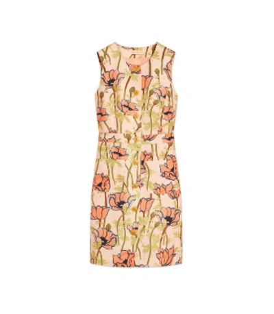 Tory Burch Printed Silk Linen Shift Dress In Pink Poppies Bloom