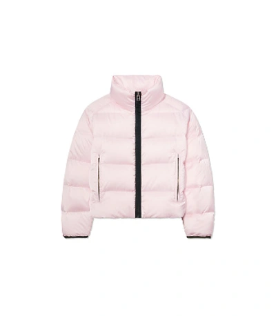 Tory Sport Cropped Performance Satin Down Jacket In Pastel Pink