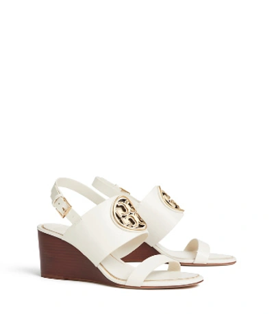 Tory Burch Miller Metal-logo Sandal Wedges, Leather In Bleach / Gold