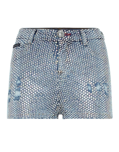 Philipp Plein Embellished Cotton Blend Denim Shorts In Blue