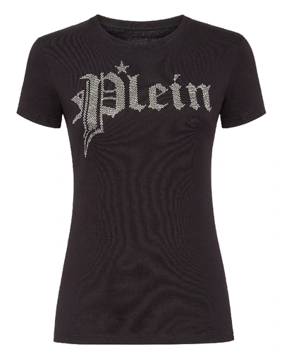 Philipp Plein T-shirt Round Neck Ss Gothic Plein In Black / Crystal