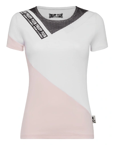 Philipp Plein T-shirt Round Neck Ss Stripes In White / Rose