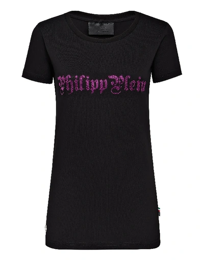 Philipp Plein T-shirt Round Neck Ss Skull In Black+fuchsia