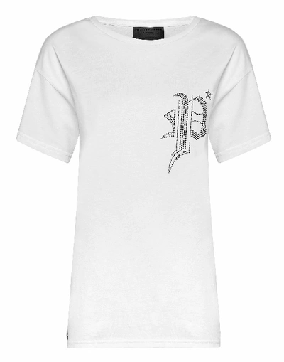 Philipp Plein T-shirt Round Neck Ss Gothic Plein In White / Black