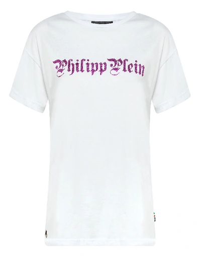 Philipp Plein T-shirt Round Neck Ss Skull In White+fuchsia