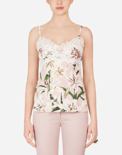 Dolce & Gabbana Lily-print Charmeuse Top In Neutrals