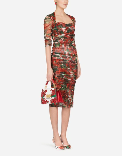 Dolce & Gabbana Ruched Floral-print Cotton-tulle Midi Dress In Floral Print