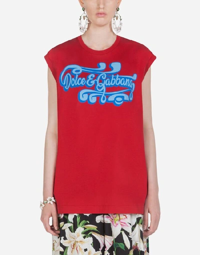 Dolce & Gabbana Sleeveless Jersey T-shirt With Print In Red