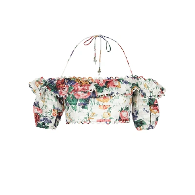 Zimmermann Allia Floral-print Cropped Linen Top In White And Other