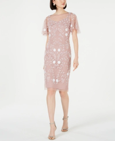 Adrianna Papell Embellished Flutter-sleeve Sheath Dress In Dusted Petal/ivory