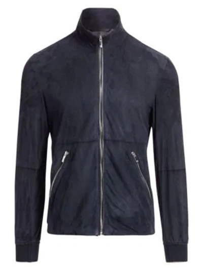 Giorgio Armani Suede Zip Bomber Jacket In Navy