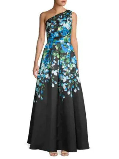 Carmen Marc Valvo Infusion One-shoulder Floral Flare Gown In Black Blue