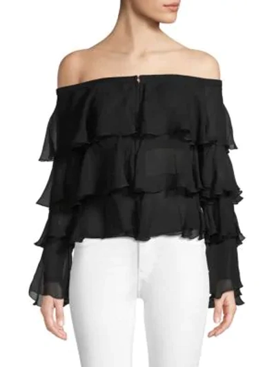 Balmain Ruffled Silk Off-the-shoulder Blouse In Black