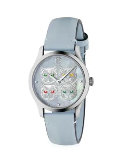 Gucci Women's G-timeless Contemporary Cats Stainless Steel & Leather Strap Watch In Blue