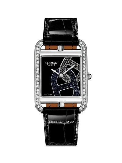 Hermes Women's Cape Cod 37mm Stainless Steel, Diamond & Alligator Strap Watch In Black