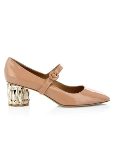 Ferragamo Women's Ortensia Faceted-heel Patent Leather Mary Janes In Blush