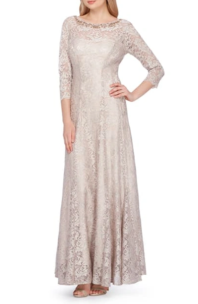 Tahari Embellished Lace Gown In Champagne Gold