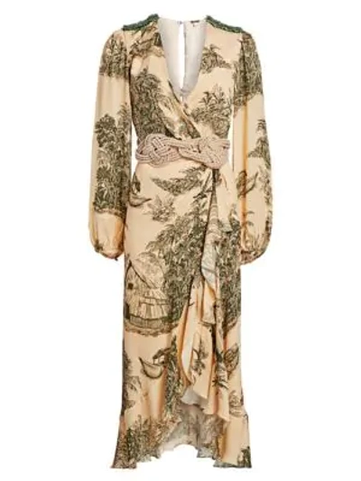 Johanna Ortiz Al Son Del Tambor Embellished Printed Silk Crepe De Chine Midi Wrap Dress