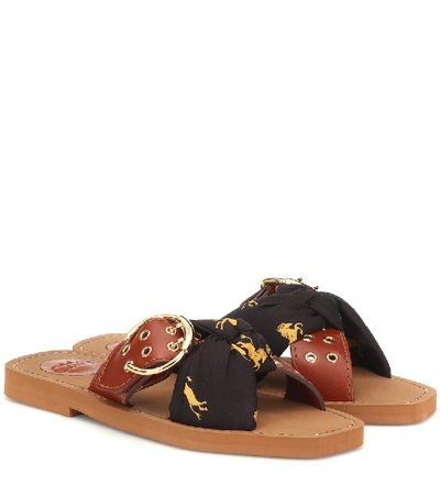 Chloé Woody Leather And Printed Satin-twill Slides In Brown
