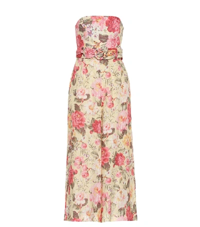 Zimmermann Honour Strapless Floral-print Linen Jumpsuit In Yellow