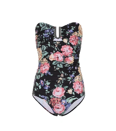 Zimmermann Allia Floral-print Cutout Swimsuit In Black