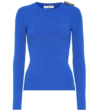 Balenciaga Viscose Blend Rib Knit Jumper In Blue