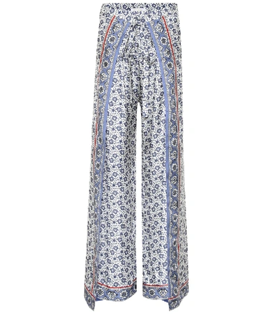Chloé Layered Printed Silk-twill Wide-leg Trousers In Blue