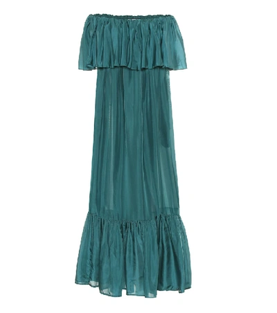 Kalita La Fontelina Ruffled Off-the-shoulder Silk-habotai Maxi Dress In Green