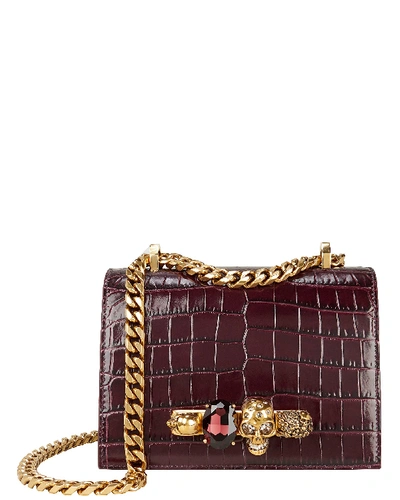 Alexander Mcqueen “jeweled Satchel”带装饰鳄鱼纹压纹单肩包 In Velvet Red