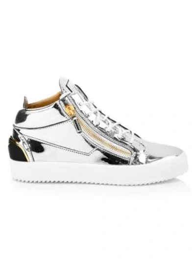 Giuseppe Zanotti Men's Metallic Leather Mid-top Sneakers In Argento