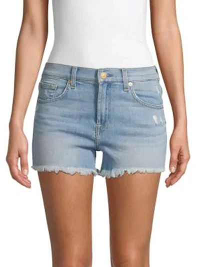 7 For All Mankind Frayed Denim Shorts In Light Blue