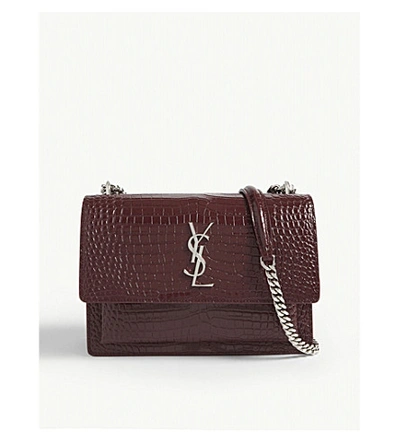 Saint Laurent Sunset Medium Croc-embossed Leather Shoulder Bag In Rouge Legion Silver