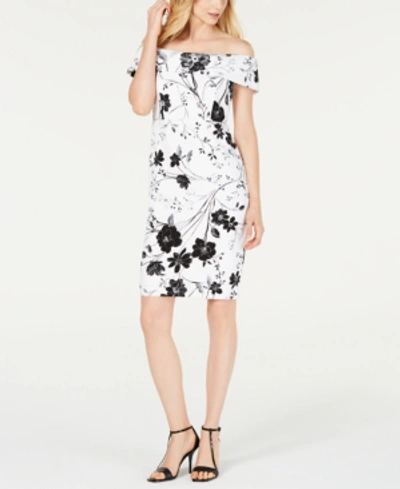 Calvin Klein Floral Off-the-shoulder Dress In Cream/black