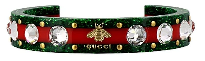 Gucci Vintage Web Cuff With Crystals In Green/ Red