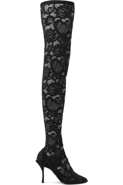 Dolce & Gabbana Stretch-lace And Tulle Over-the-knee Sock Boots In Black