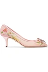 DOLCE & GABBANA CRYSTAL-EMBELLISHED PATENT LEATHER-TRIMMED FLORAL-PRINT MESH PUMPS