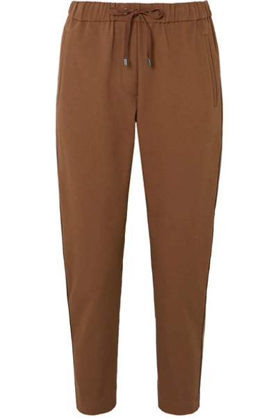 Brunello Cucinelli Bead-embellished Cropped Stretch Cotton And Wool-blend Tapered Track Pants In Camel