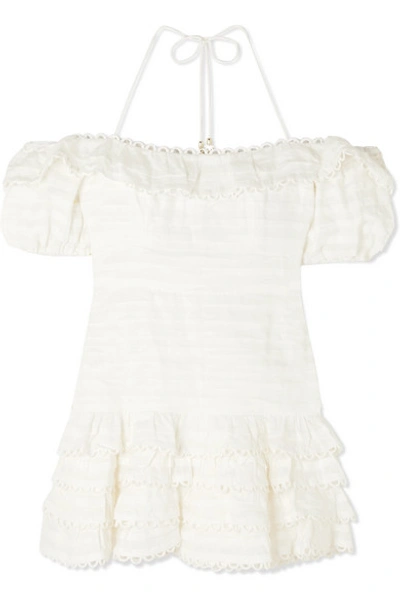 Zimmermann Allia Cold-shoulder Ruffled Linen Mini Dress In Ivory