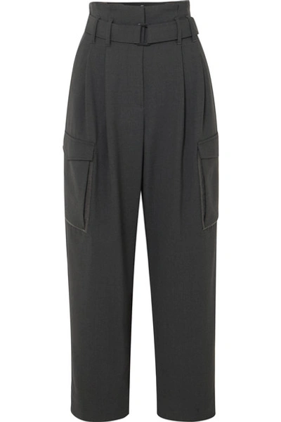 Brunello Cucinelli Cropped Belted Bead-embellished Wool-blend Wide-leg Trousers In Dark Grey