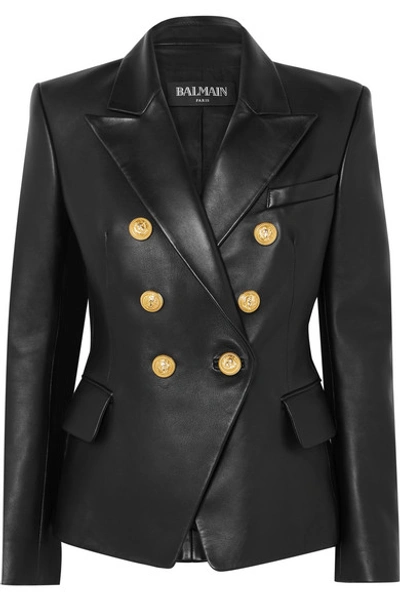 Balmain Black Double-breasted Jacket With Gold-colored Branded Buttons In Soft Leather Woman In Noir