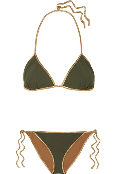 Tooshie Hampton Reversible Lurex-trimmed Triangle Bikini In Green