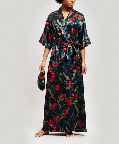 Liberty London Evelyn Silk Charmeuse Long Kimono In Navy